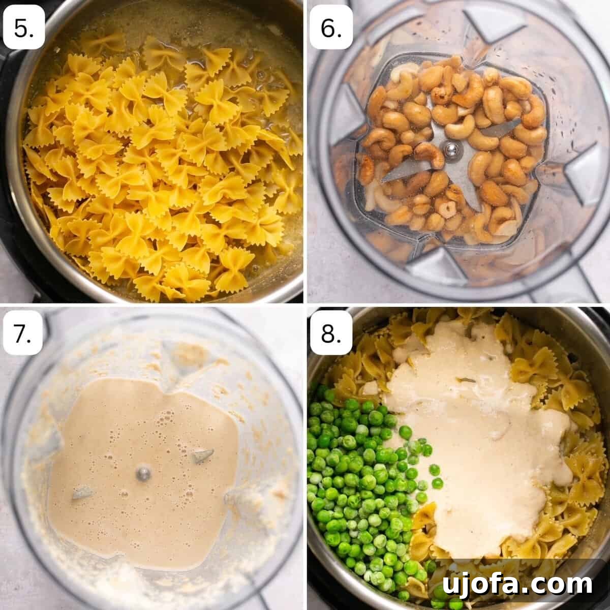 A visual guide featuring additional step-by-step photos demonstrating the creation of the dairy-free cashew cream sauce, showcasing the blending process until smooth and creamy, ready to be added to the Instant Pot chicken and noodles.