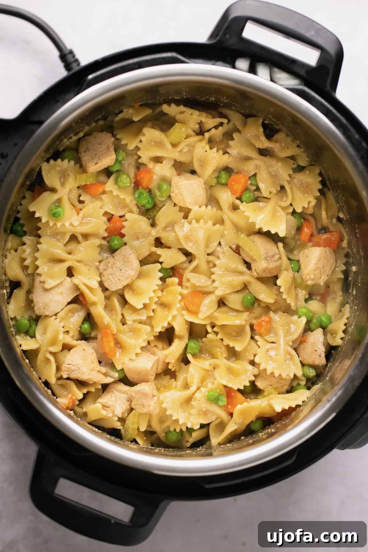 A close-up view of the finished creamy chicken and gluten-free noodles dish inside the Instant Pot, brimming with tender chicken, vibrant green peas, and diced carrots, ready to be served.