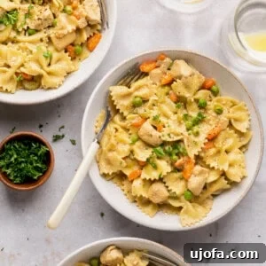 Three generous bowls of creamy Instant Pot chicken and gluten-free noodles, garnished with fresh herbs, with a fork resting on the side, ready to be served as a comforting family dinner.
