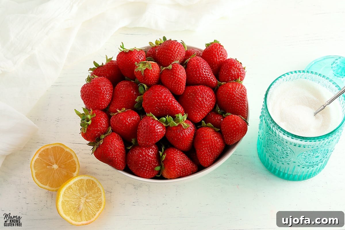 Luscious Strawberry Reduction 3 A pristine white bowl brimming with fresh, ripe strawberries, accompanied by a stylish teal sugar jar and delicate slices of lemon, showcasing the simple, wholesome ingredients for the reduction sauce.