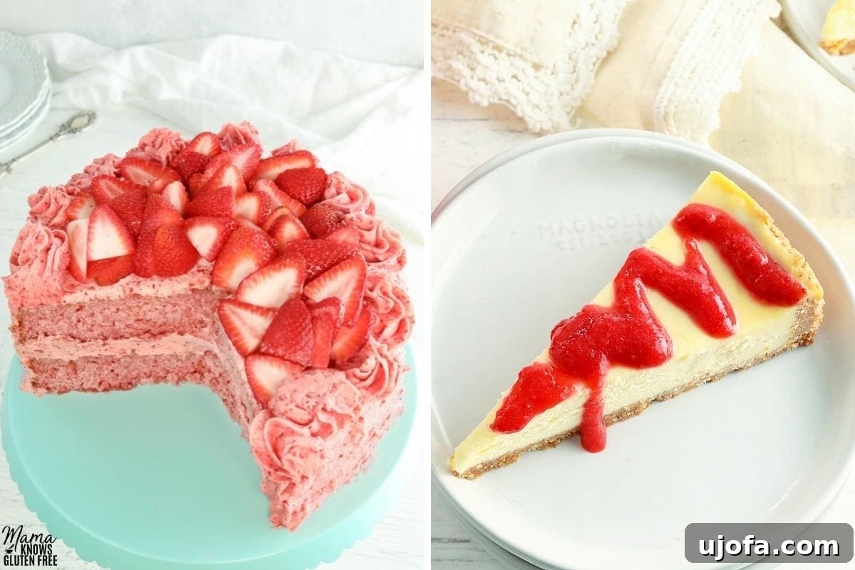 Luscious Strawberry Reduction 5 A vibrant photo collage showcasing various strawberry desserts, including cakes, cupcakes, and tarts, all beautifully topped or filled with fresh strawberries and strawberry sauces.