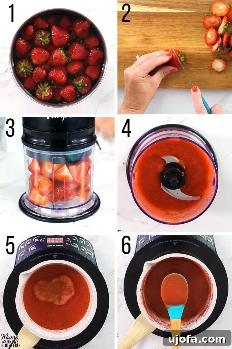 Luscious Strawberry Reduction 7 A step-by-step photo collage illustrating the process of making strawberry reduction sauce, from washing and pureeing strawberries to the final reduced consistency.