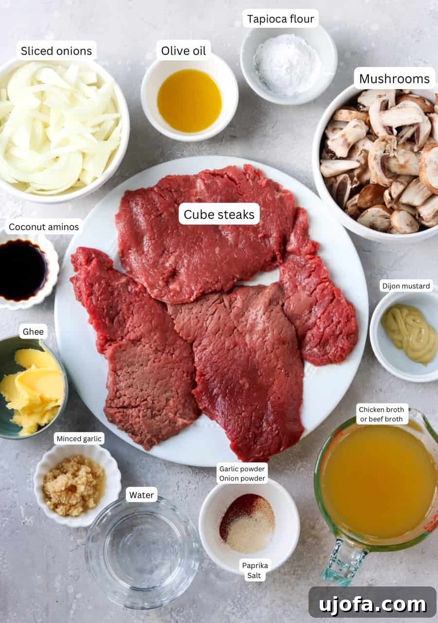 Pan-Fried Cube Steak Perfection 3 A vibrant flat lay showcasing all the fresh ingredients needed for a homemade cube steak recipe, neatly portioned in bowls and on plates.