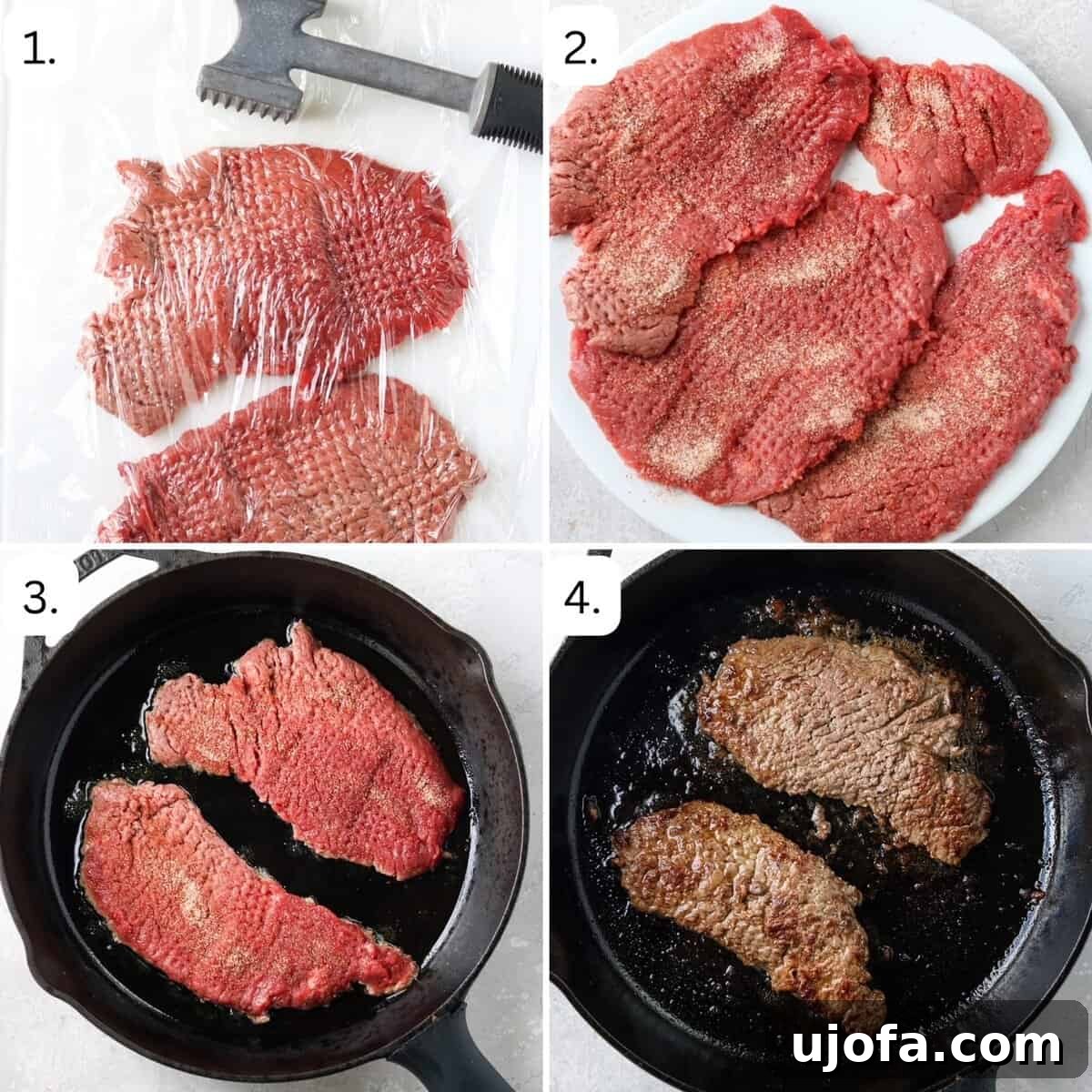 Pan-Fried Cube Steak Perfection 4 A four-panel image illustrating the initial steps of preparing cube steak: tenderizing, seasoning, searing in a skillet, and resting on a plate.