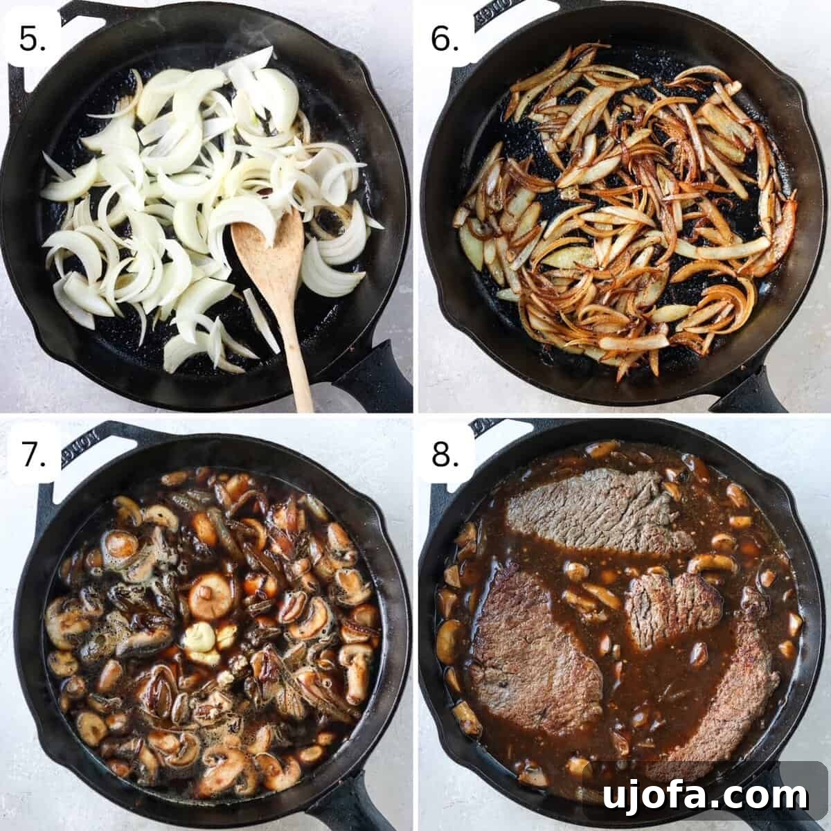 Pan-Fried Cube Steak Perfection 5 A four-panel image showing the subsequent steps for making cube steak: caramelizing onions, adding mushrooms, preparing the gravy, and simmering the steaks in gravy.