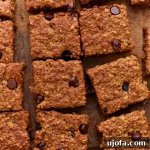 Close-up of sliced baked oatmeal bars with chocolate chips on a wooden surface, showing a golden-brown, chewy texture.