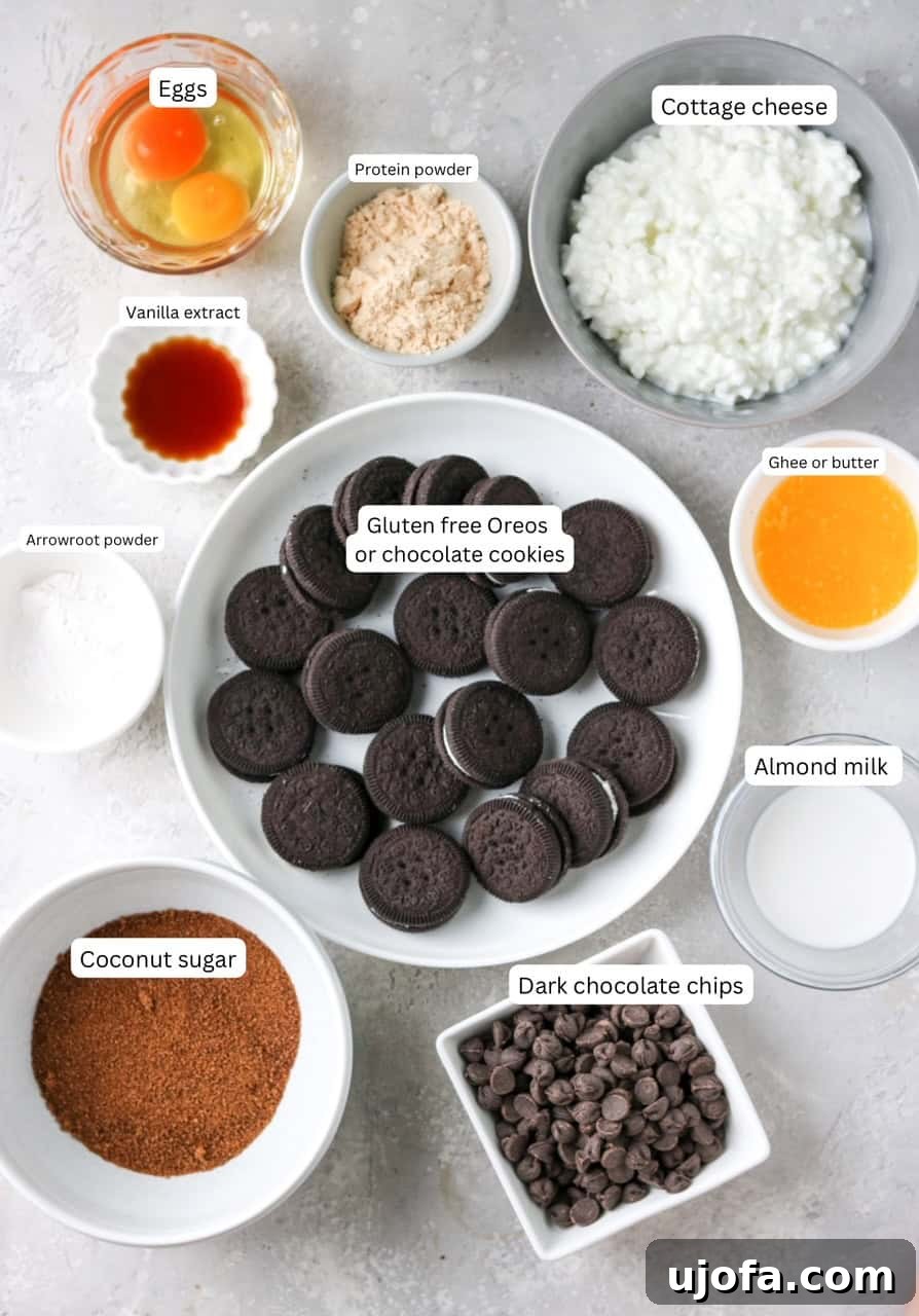 Various recipe ingredients, including cottage cheese, chocolate chips, and gluten-free cookies, arranged in nesting bowls and clearly labeled.