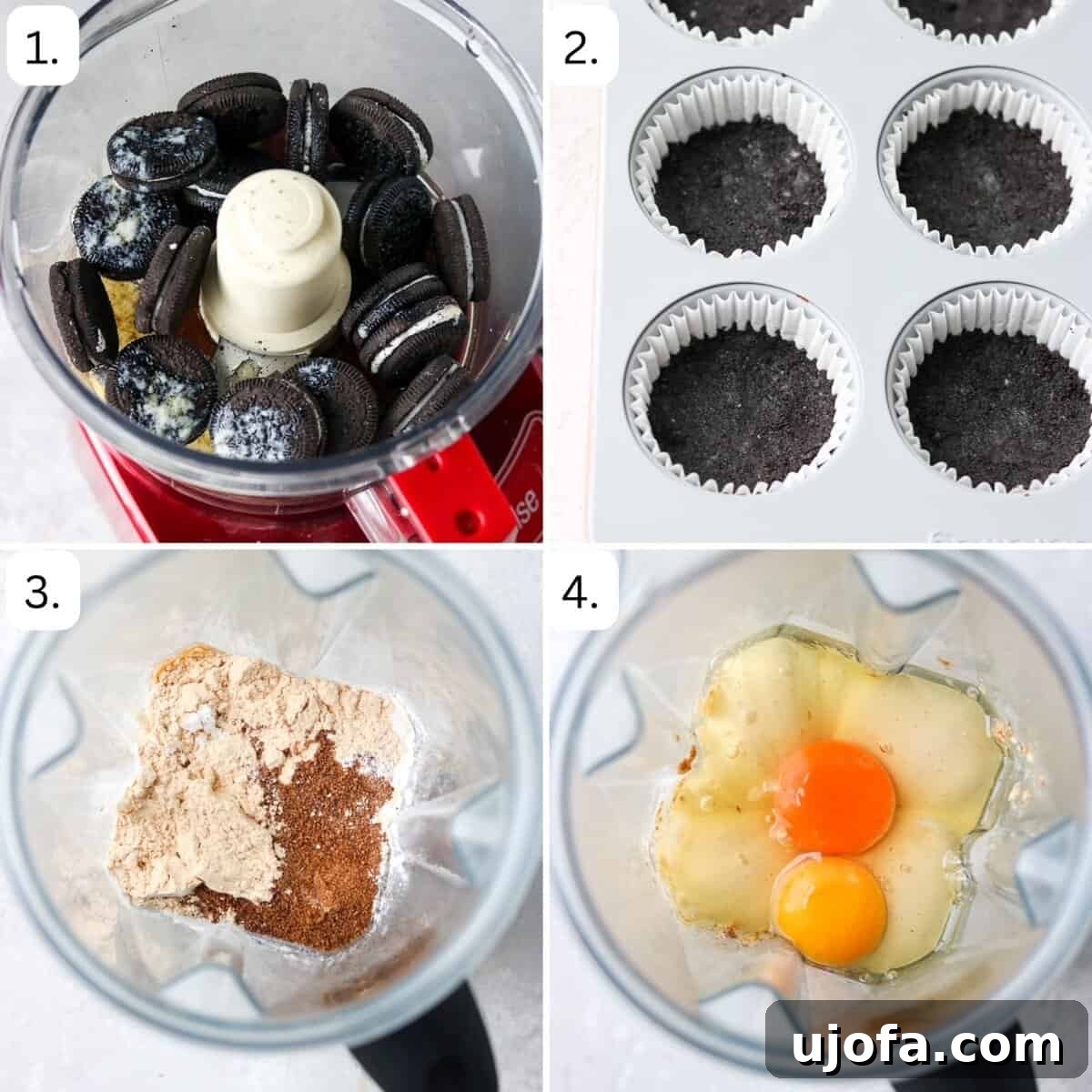 Numbered, step-by-step photos illustrating the process of preparing the protein cheesecake recipe, from crust to filling.
