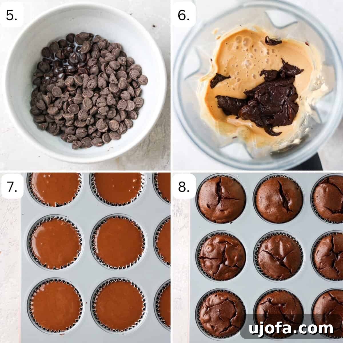 Additional step-by-step photos showing how to evenly add the cheesecake batter into the muffin tin with prepared crusts.