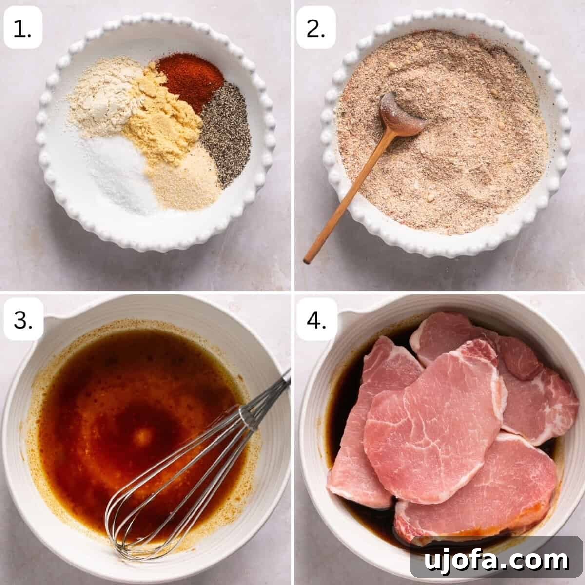 Crispy Air-Fried Pork Chops 4 Numbered step-by-step photos illustrating how to prepare the pork chop marinade and spice rub.