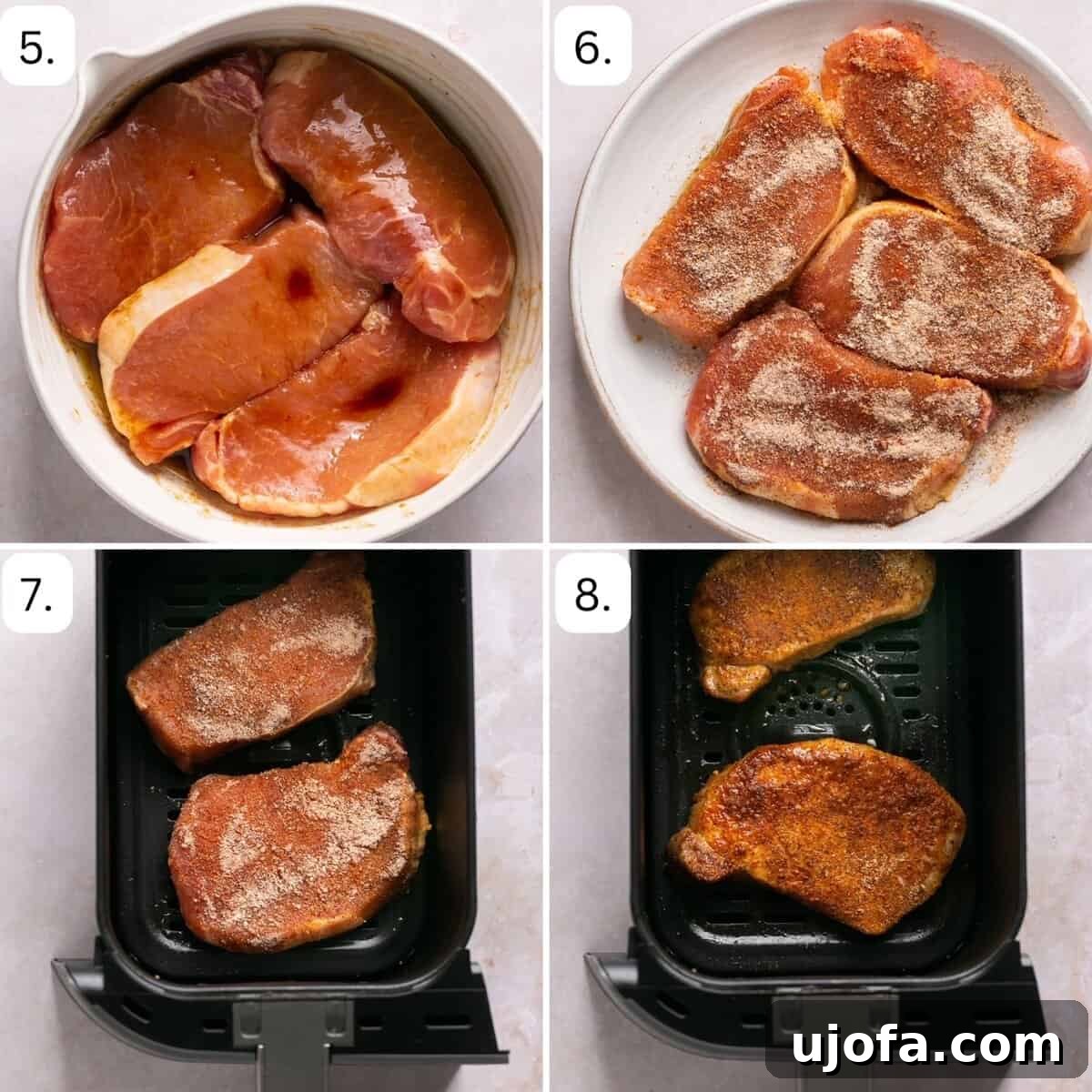 Crispy Air-Fried Pork Chops 5 Numbered step-by-step photos demonstrating how to air fry pork chops without breading for a crispy finish.