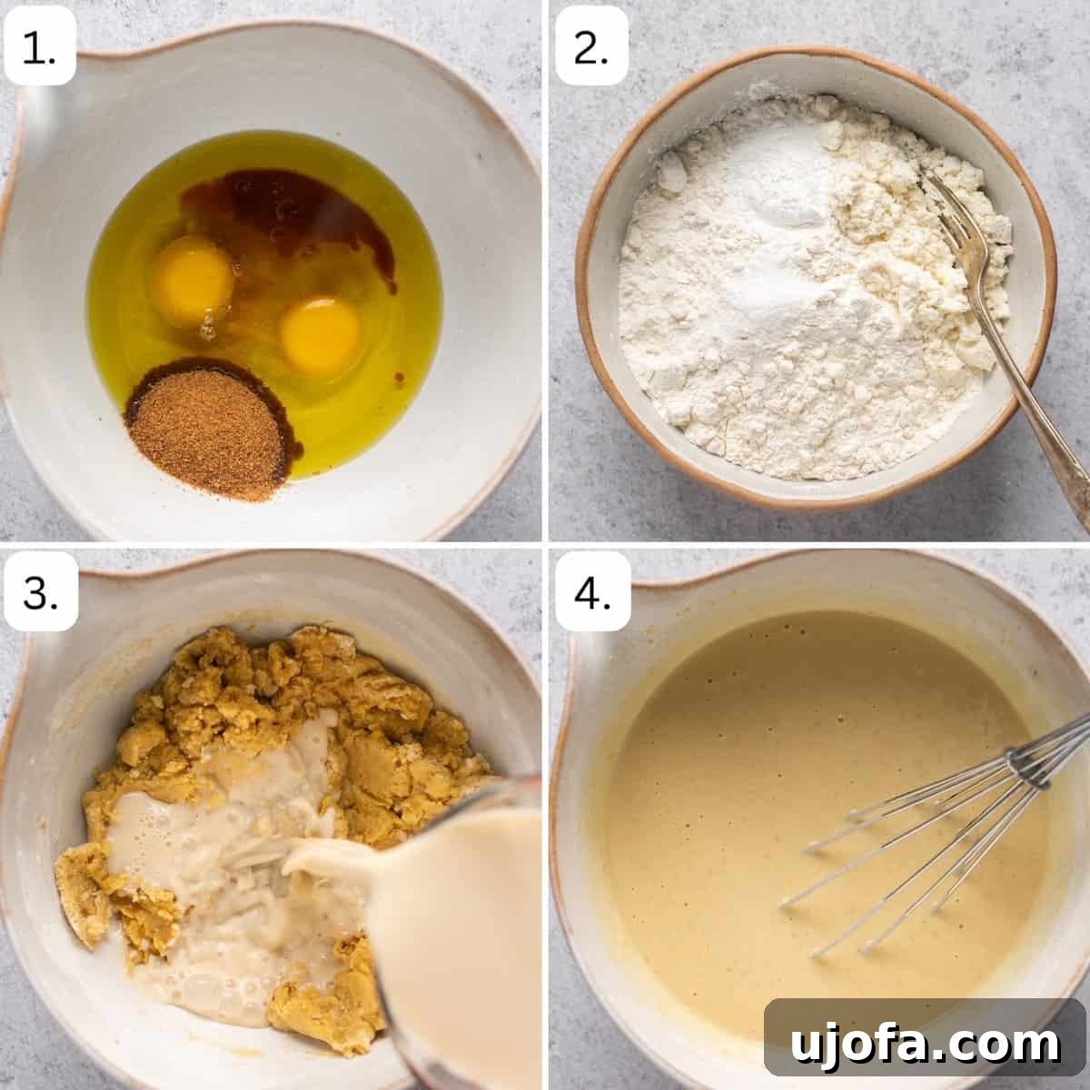 Numbered step-by-step photos showing how to prepare the waffle batter, from mixing wet ingredients to combining with dry ingredients.
