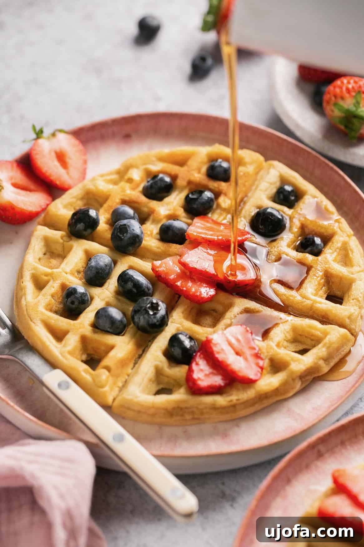 A hand pouring maple syrup onto a gluten-free waffle generously topped with fresh berries, highlighting its delicious appeal.
