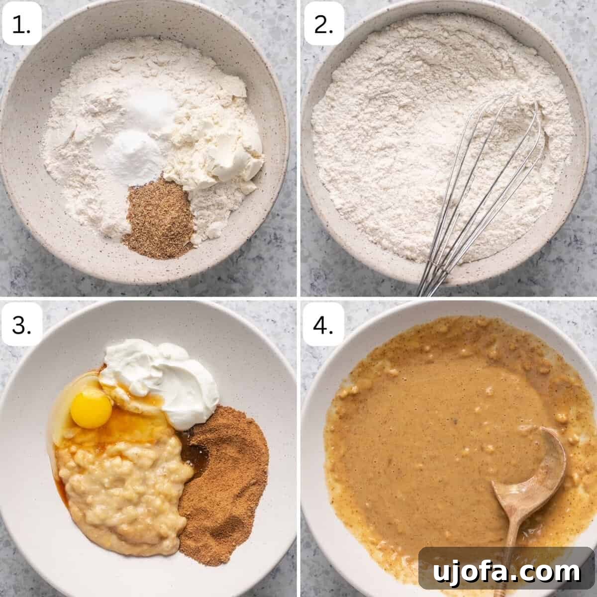 Numbered step-by-step instruction photos demonstrating the process of mixing dry and wet ingredients for banana protein muffins.