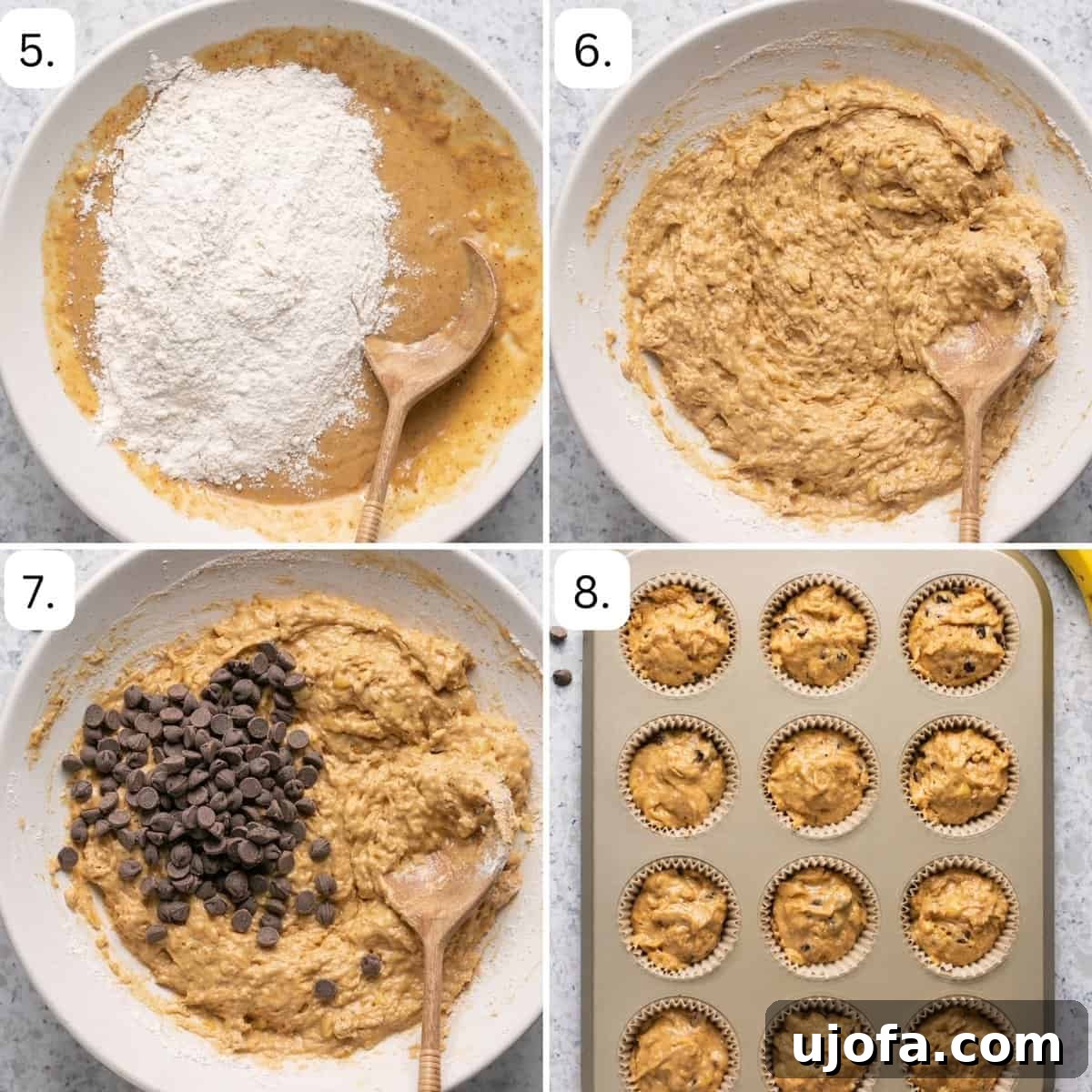 Numbered step-by-step instruction photos illustrating how to spoon the prepared muffin batter into lined muffin tins before baking.