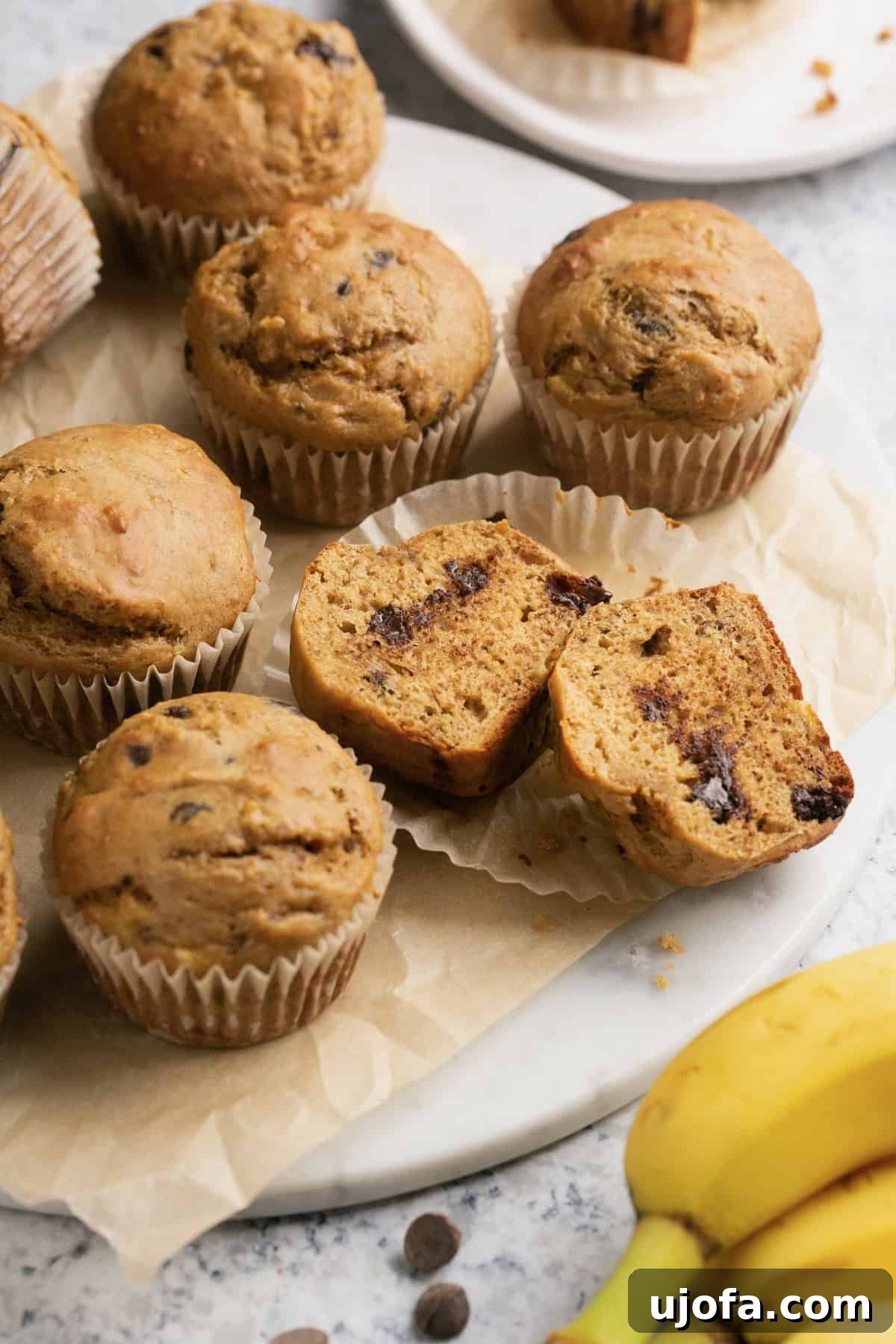 A close-up shot of two healthy banana protein muffins wrapped in their liners, with one sliced in half to reveal its moist interior and chocolate chips.