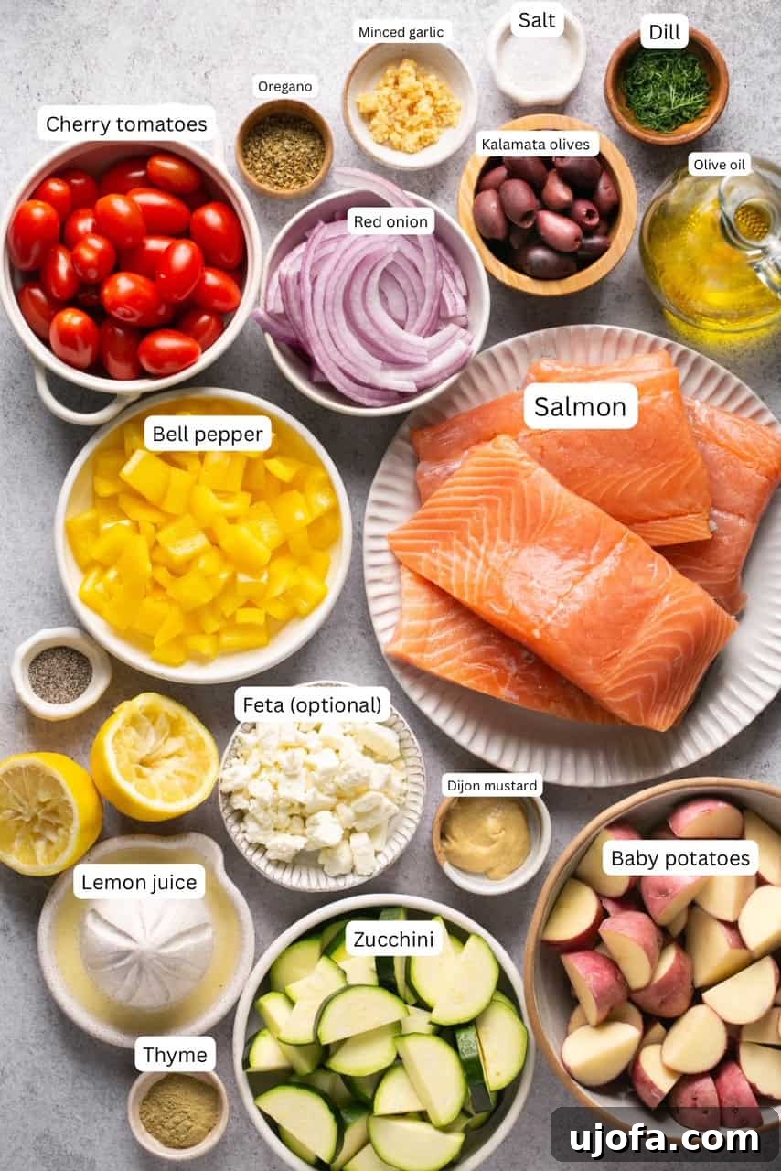 One Pan Greek Salmon with Roasted Vegetables 3 recipe ingredients in small bowls and labeled.