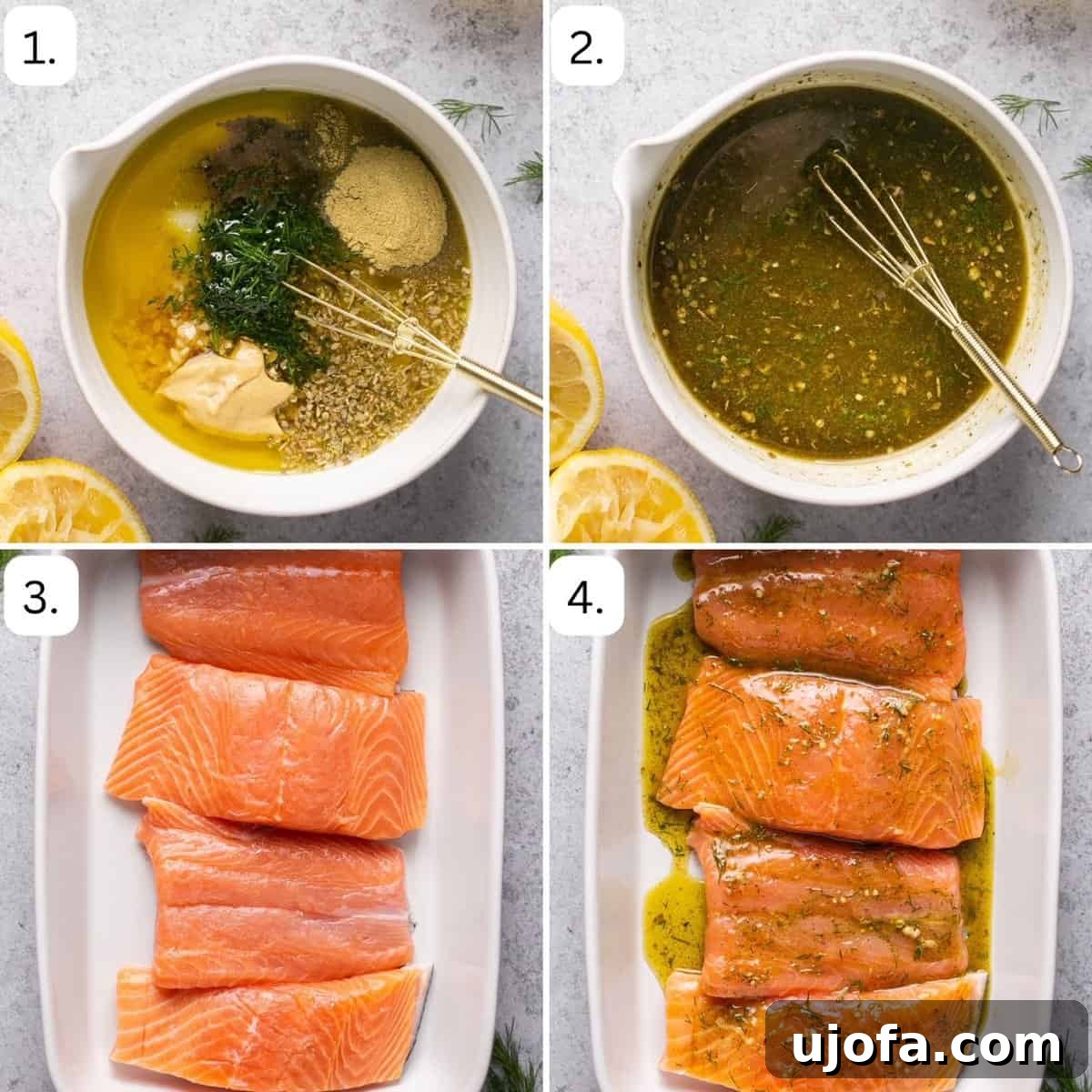 One Pan Greek Salmon with Roasted Vegetables 4 numbered step by step photos showing how to make the greek marinade and drench the salmon.
