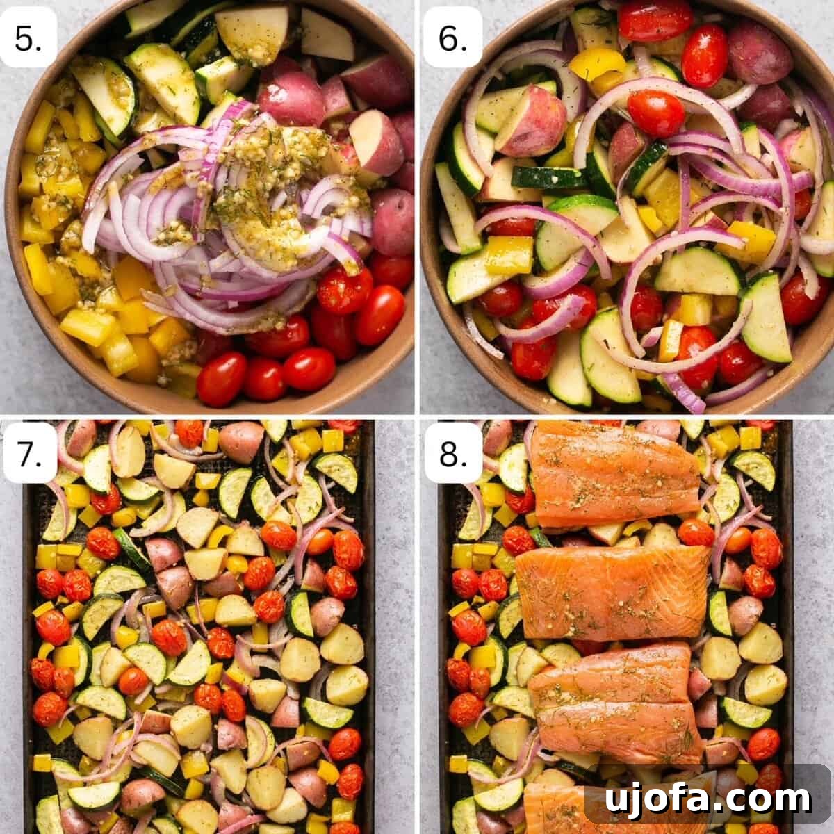 One Pan Greek Salmon with Roasted Vegetables 5 numbered step by step recipe photos showing how to prepare the veggies and salmon on the baking sheet.