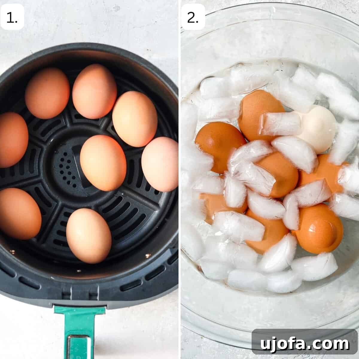 Numbered step-by-step photos showing eggs being placed in an air fryer, then transferred to an ice bath.