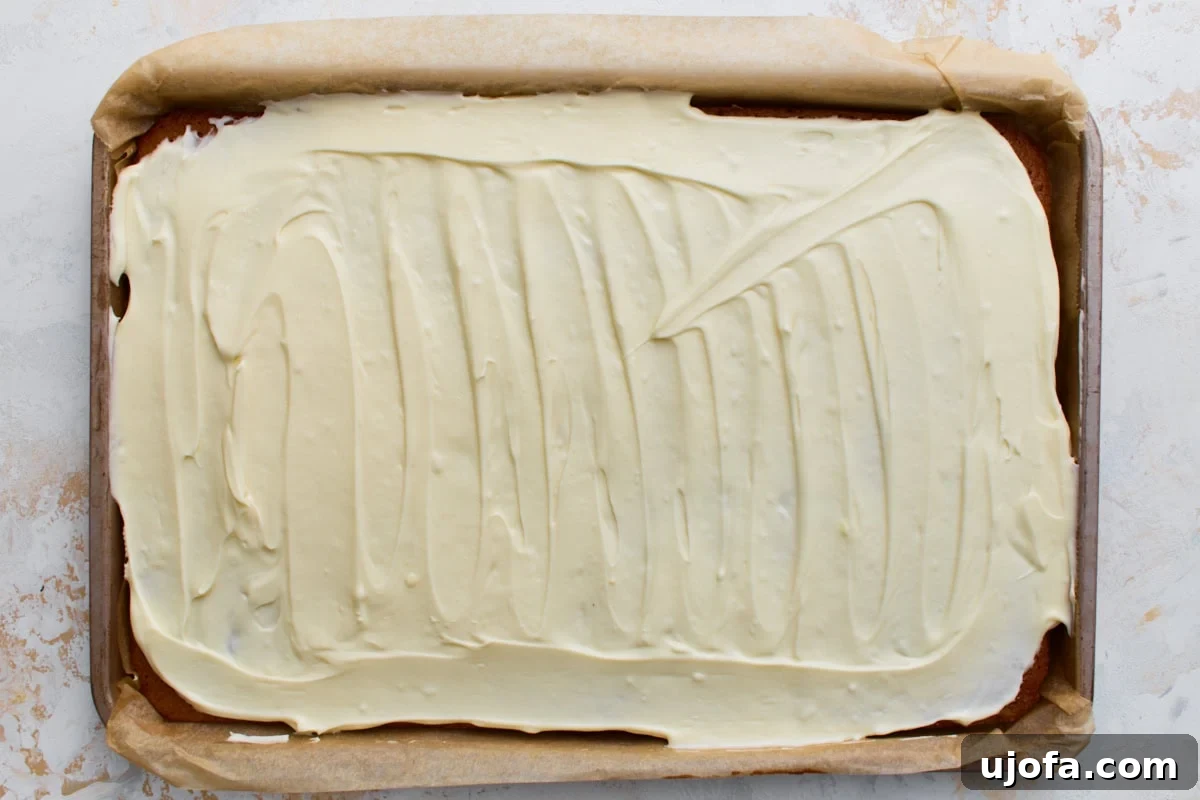 Cooled pumpkin sponge with an even layer of cream cheese frosting spread across the top, ready to roll.