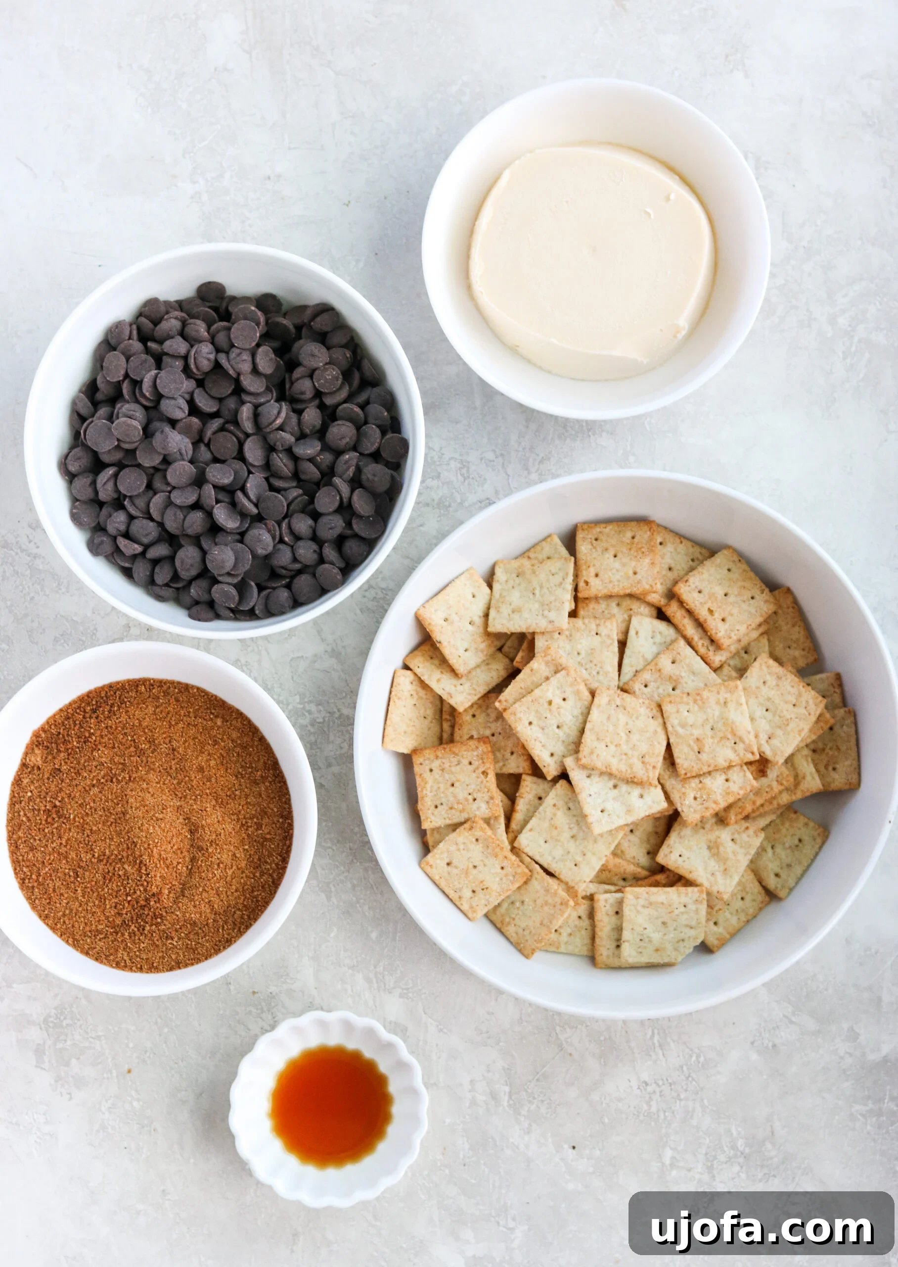 A collection of ingredients for Paleo Christmas Crack displayed in various white bowls, including dark chocolate chips, golden coconut sugar, a stick of butter, sea salt crackers, and a small bottle of vanilla extract.