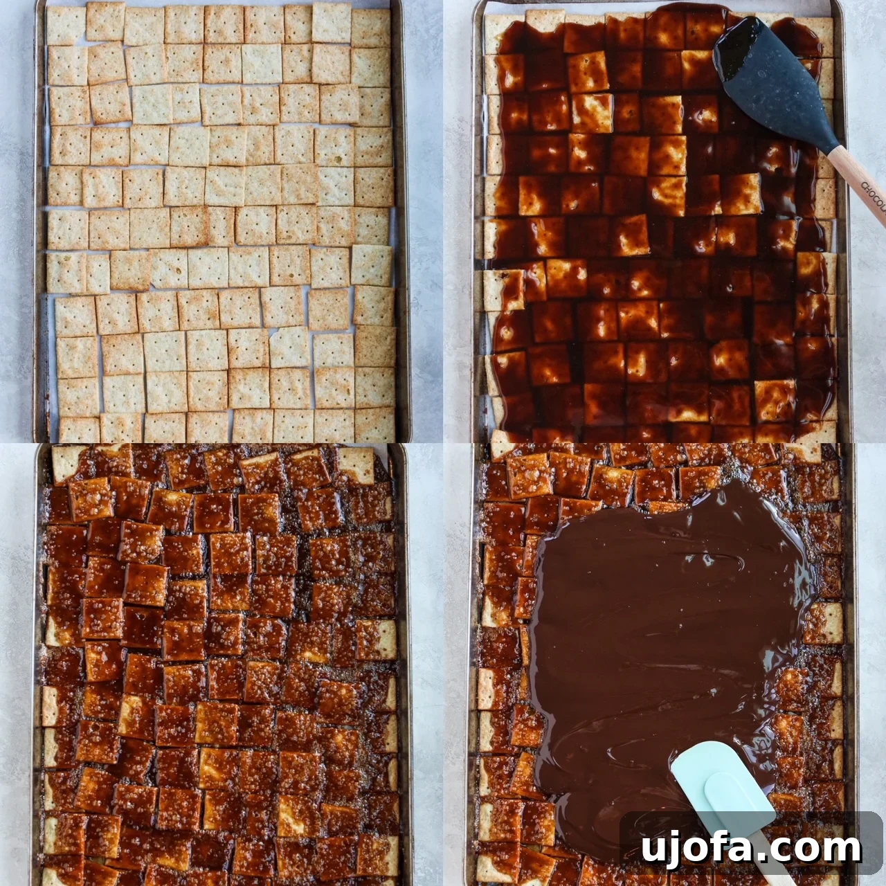 A four-panel image demonstrating the step-by-step process of making Paleo Christmas Crack, from lining the pan with crackers to pouring caramel, baking, and spreading melted chocolate.