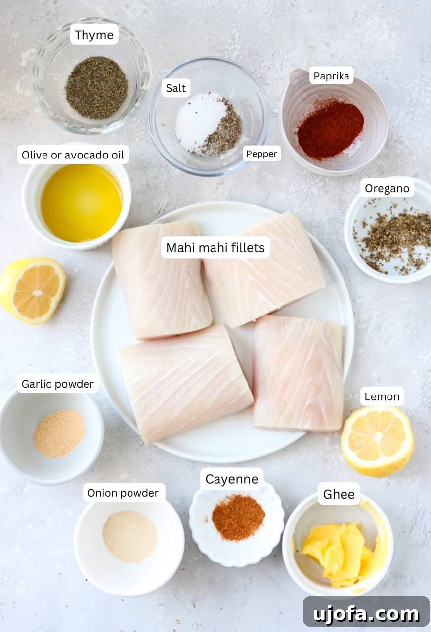 A close-up of small bowls filled with the individual ingredients needed for blackened mahi mahi, including various spices, ghee, and oil.
