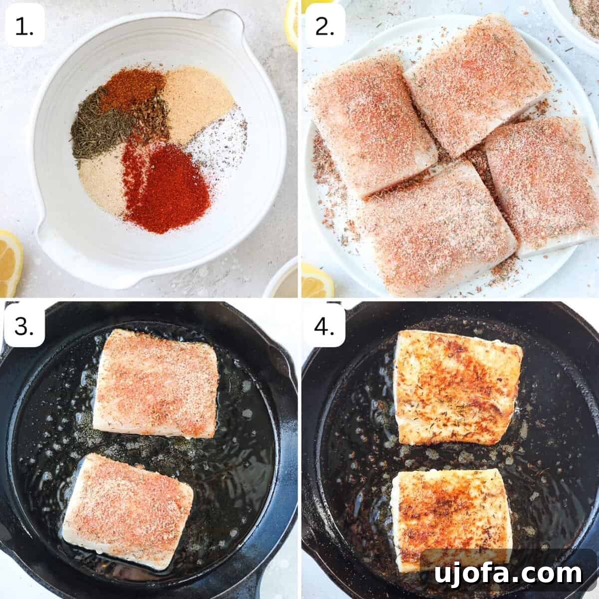 Numbered step-by-step photos illustrating the process of seasoning and cooking blackened Mahi Mahi in an air fryer.