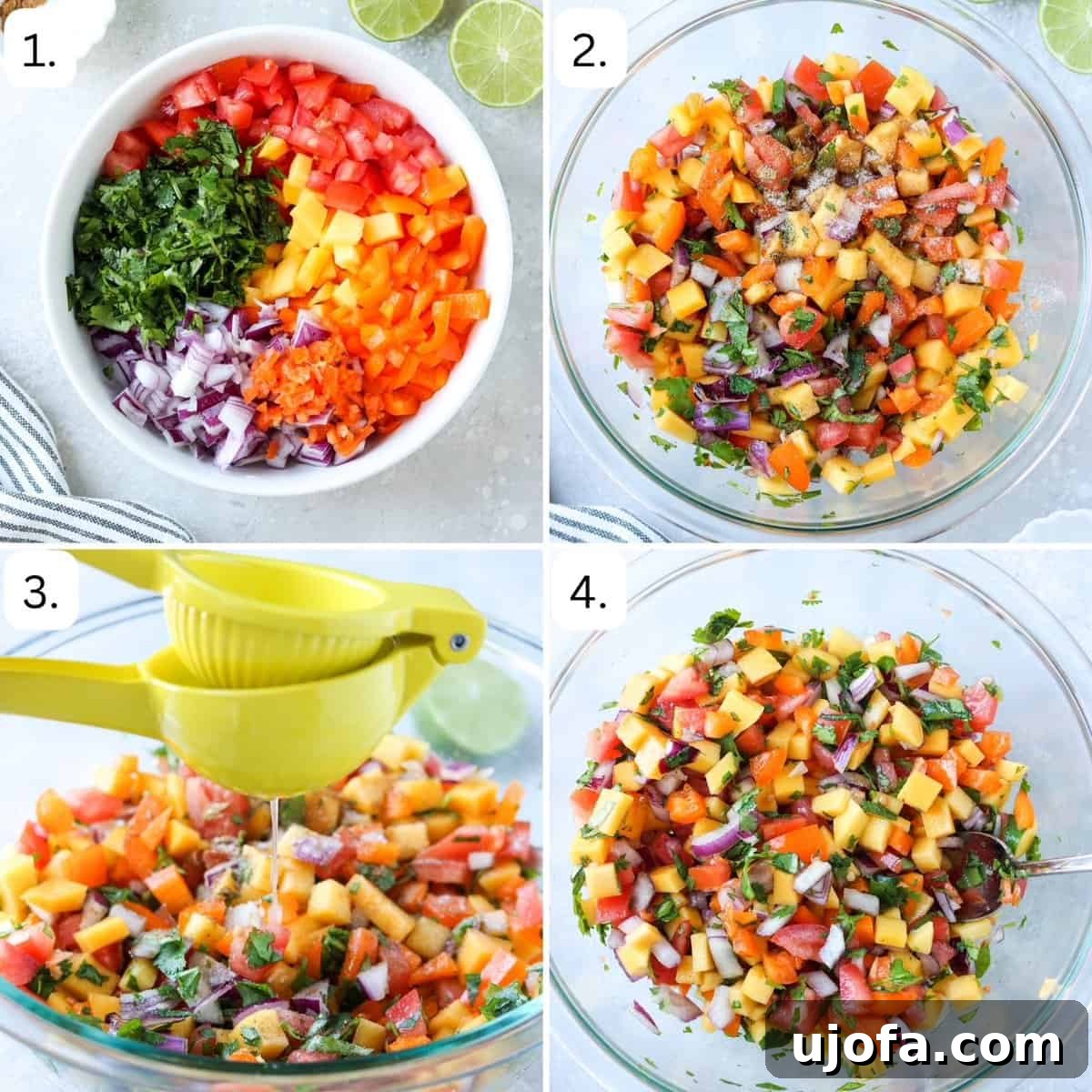 Sweet Heat Mango Habanero Salsa 4 A series of numbered step-by-step photos illustrating the preparation process of mango habanero salsa, from chopping ingredients to mixing them in a bowl.