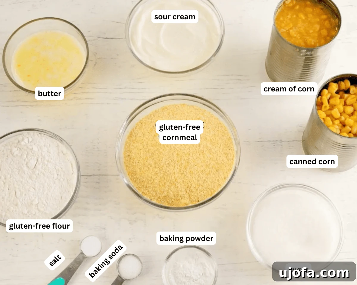 A collage of all fresh ingredients for making gluten-free corn casserole on a rustic wooden background, including canned corn, sour cream, butter, and dry ingredients.