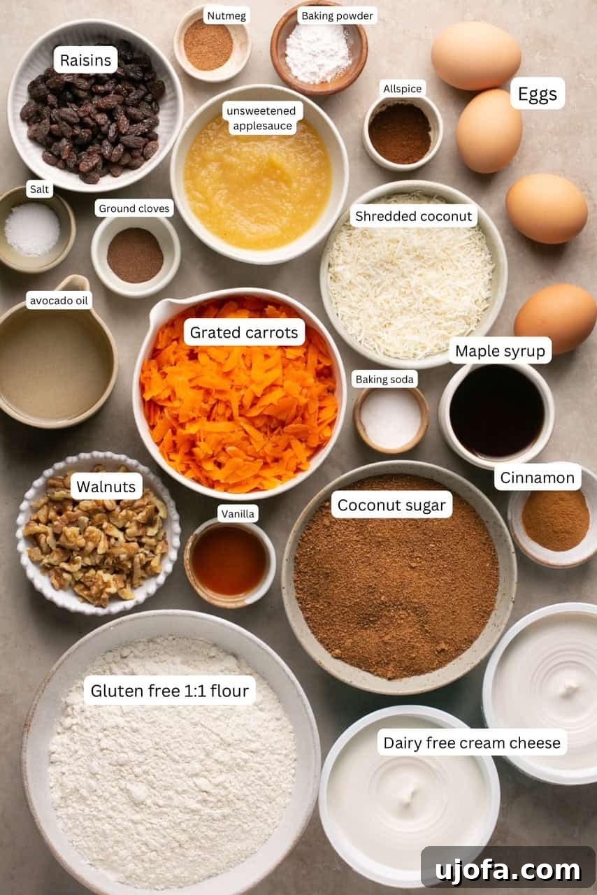 Decadent Gluten-Free Carrot Walnut Cake 3 Various carrot cake ingredients neatly arranged in a series of white nesting bowls, ready for baking.