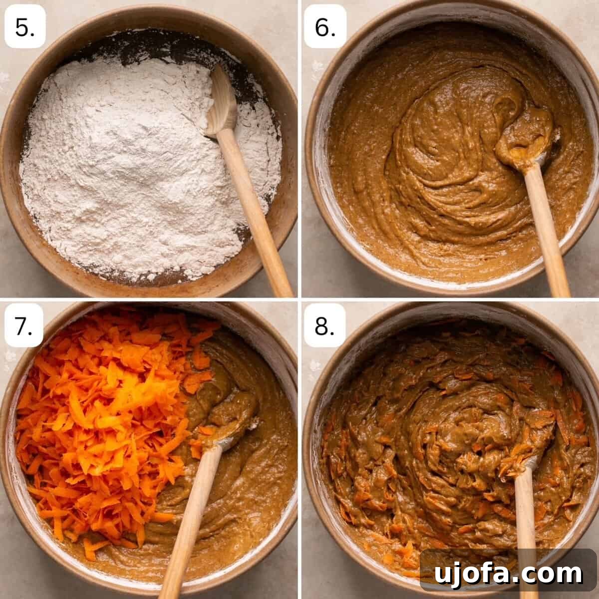Decadent Gluten-Free Carrot Walnut Cake 5 A collage of four images showing the next steps in carrot cake preparation: dividing batter into pans, a baked cake cooling, making frosting in a stand mixer, and frosting the cooled cake.