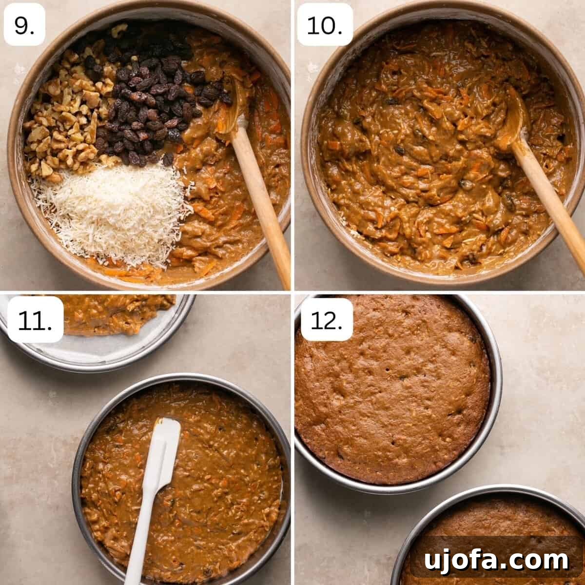 Decadent Gluten-Free Carrot Walnut Cake 6 A collage of four images detailing the frosting process for gluten-free carrot cake: frosting being made, spread on cake layers, and the finished decorated cake.