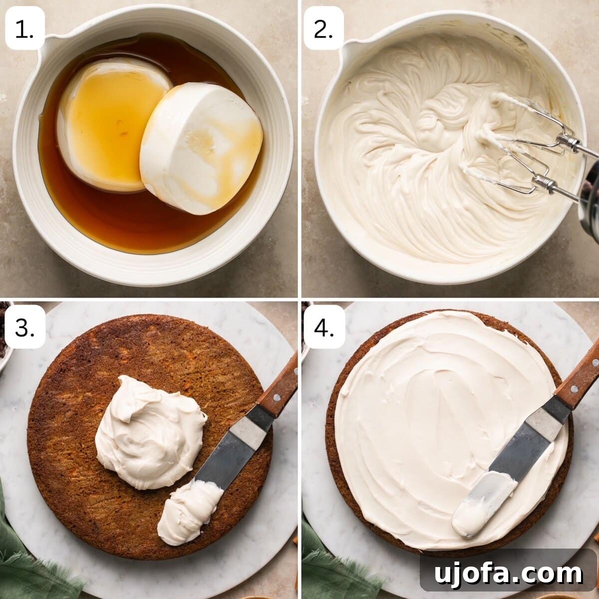 Decadent Gluten-Free Carrot Walnut Cake 7 A four-panel image demonstrating the simple steps to make dairy-free cream cheese frosting: ingredients in a mixer, mixing, finished frosting, and frosting applied to a cake.