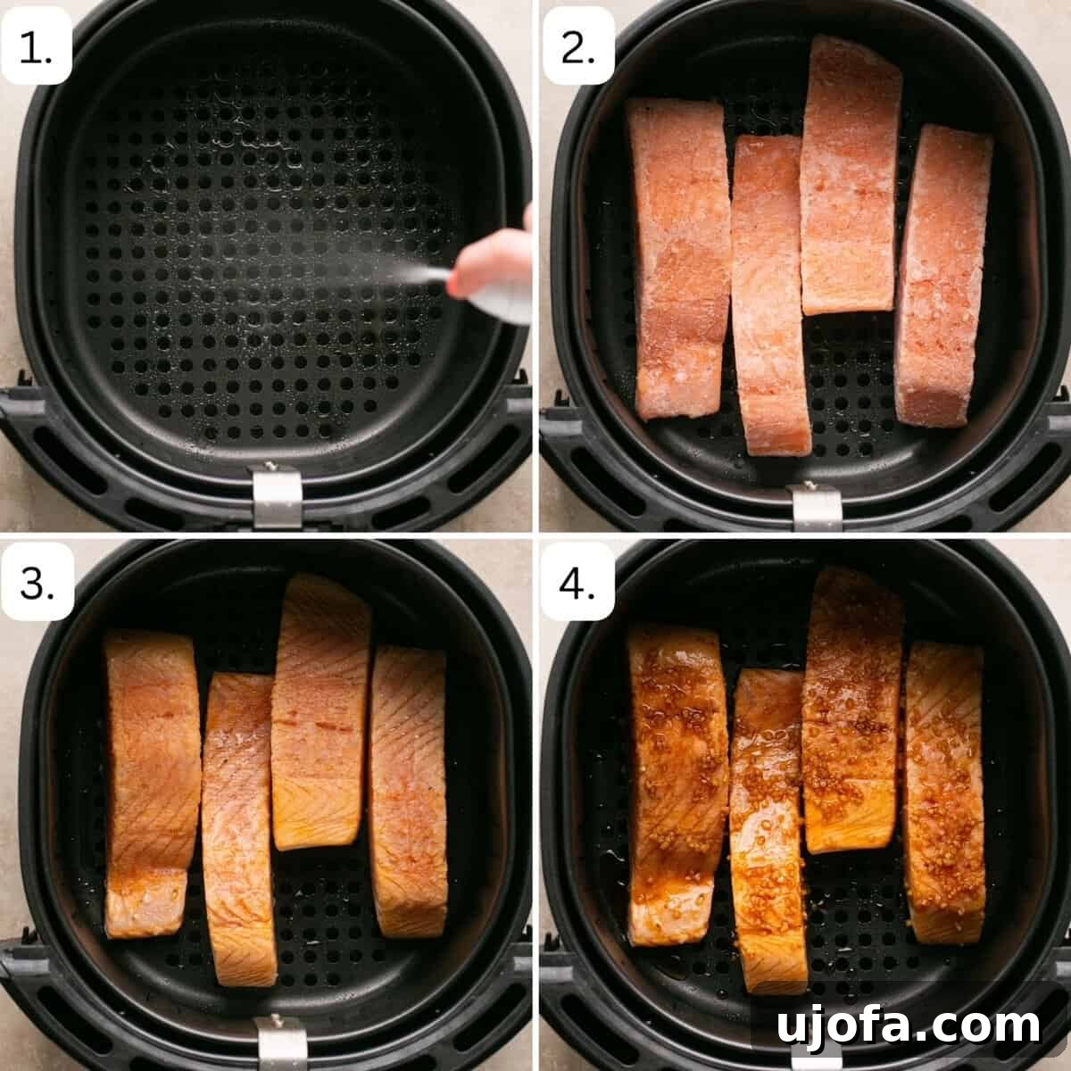 Effortless Air Fryer Salmon Straight From Frozen 4 A four-step visual guide demonstrating the process of cooking frozen salmon in an air fryer, from initial placement to glazing and final cooking.