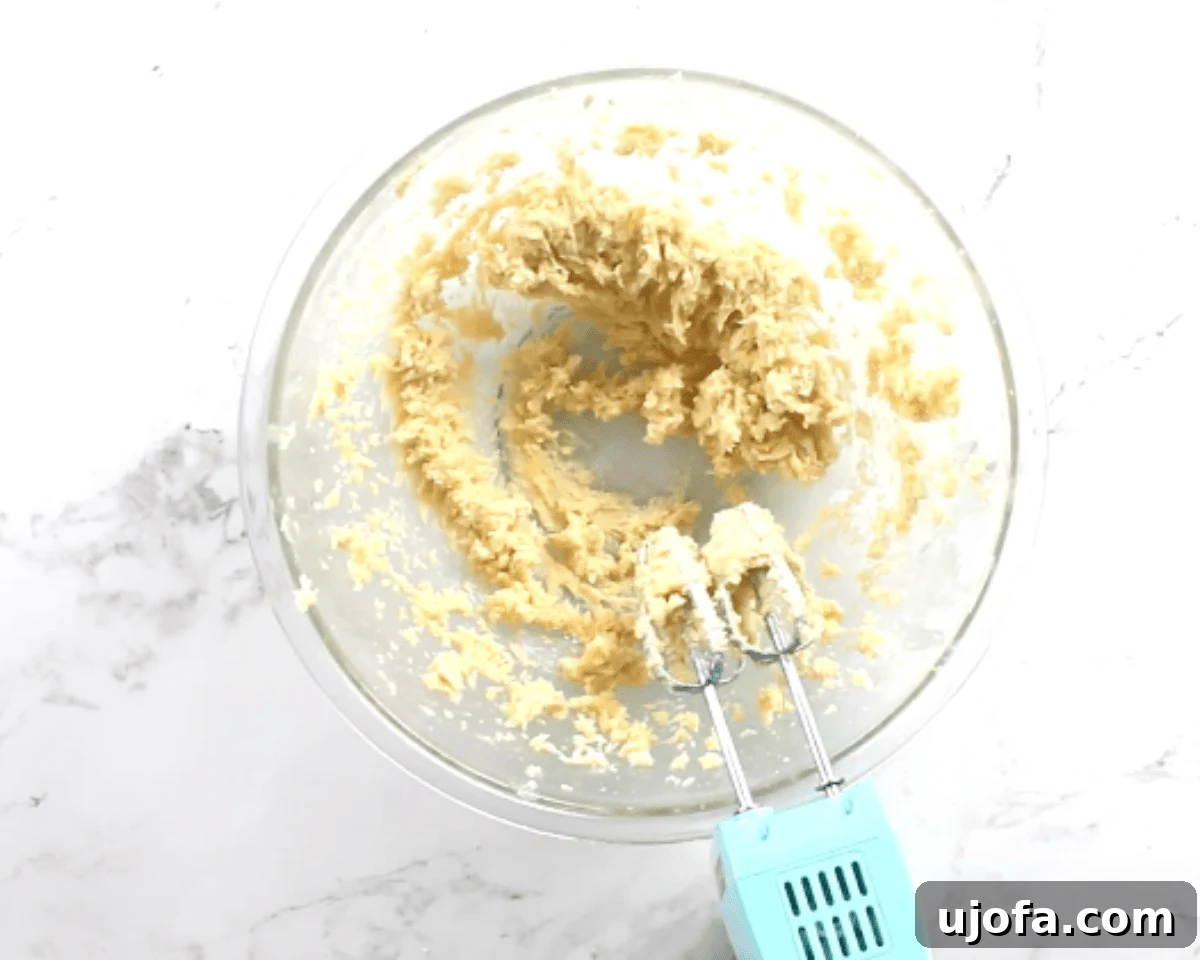 Butter, sugars, egg yolk, and vanilla mixed together into a smooth cookie dough base in a glass bowl.