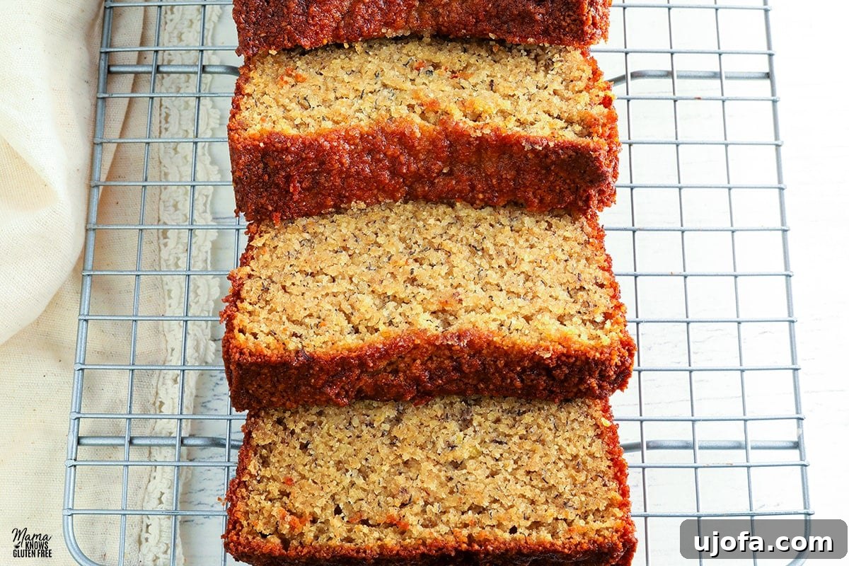 Moist almond flour banana bread on a wire cooling rack