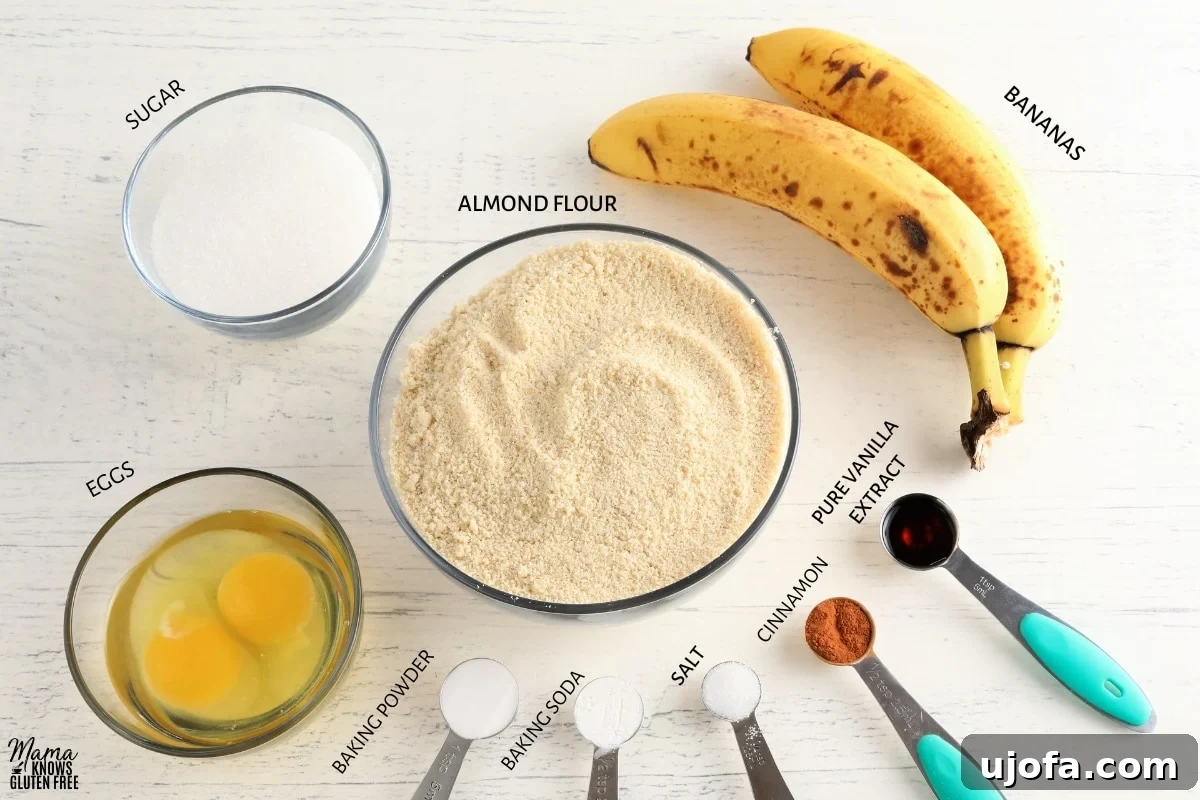 Almond flour banana bread recipe ingredients arranged on a counter