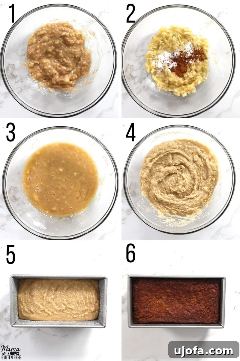 Almond flour banana bread recipe steps photo collage