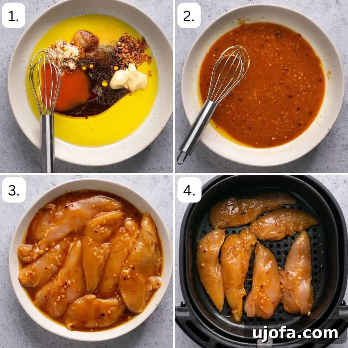 Numbered step-by-step images demonstrating the process of marinating and cooking chicken tenderloins in an air fryer.