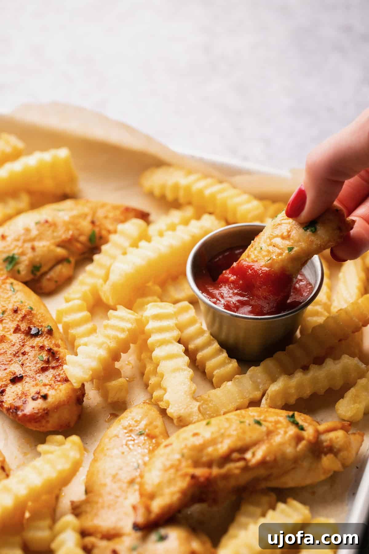 A hand dipping an air fryer chicken tenderloin into a small metal cup of ketchup, highlighting its dipping sauce compatibility.