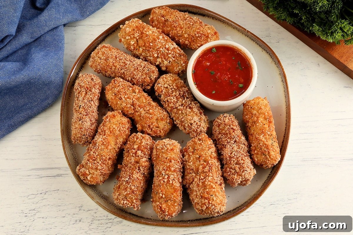 Guilt Free Mozzarella Sticks 4 Freshly fried gluten-free mozzarella sticks on a white plate, ready to be served with marinara sauce.