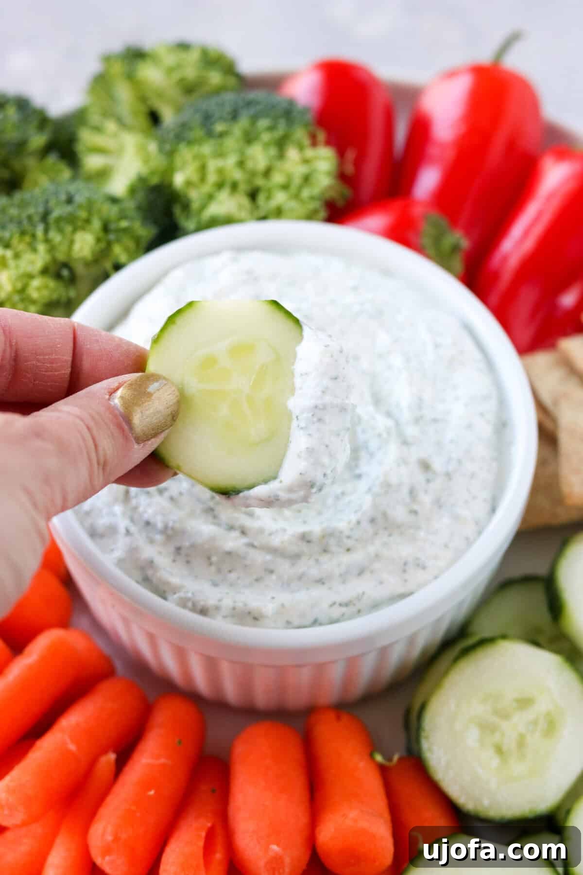 A hand holding a cucumber slice dipped in creamy whipped cottage cheese ranch dip.