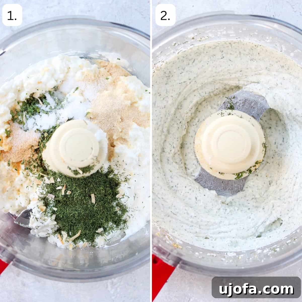 Numbered step-by-step photos illustrating the process of making the whipped cottage cheese ranch dip.