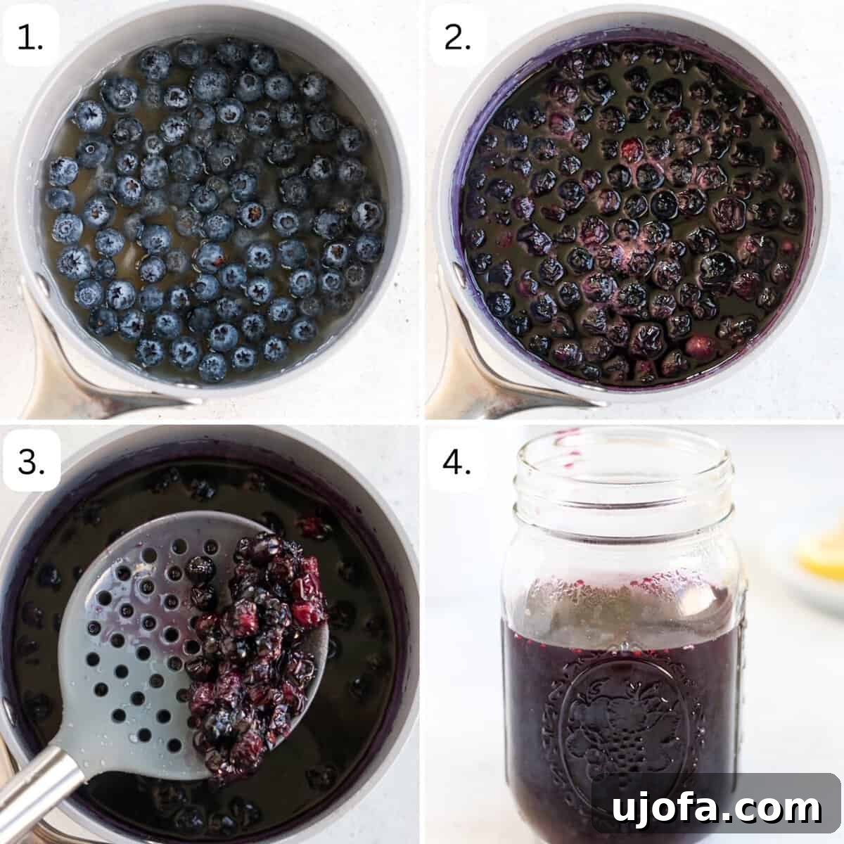 Numbered step-by-step photos illustrating the process of making homemade blueberry simple syrup, showing ingredients in a pot and straining the liquid.