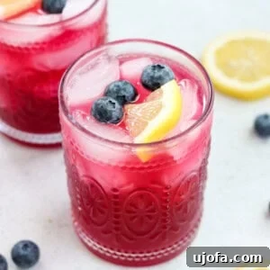 lemon blueberry mocktail in a glass topped with a lemon slice and blueberries