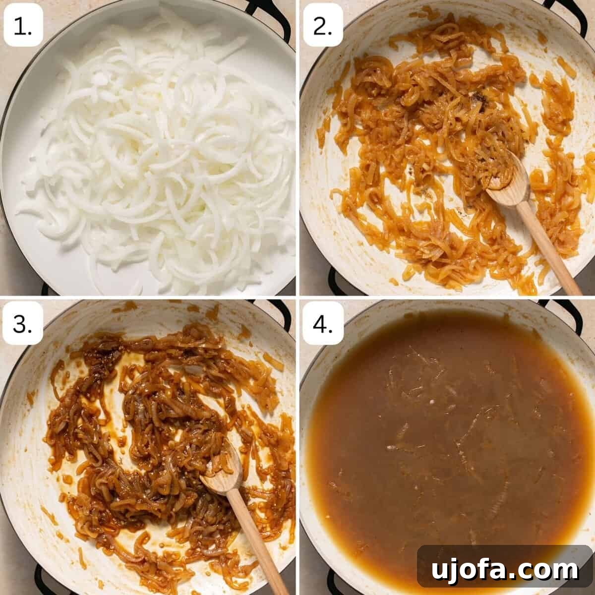 TikTok's Must-Try Gluten-Free French Onion Pasta 4 Numbered step-by-step photos illustrating the process of caramelizing onions to a deep golden brown in a skillet.