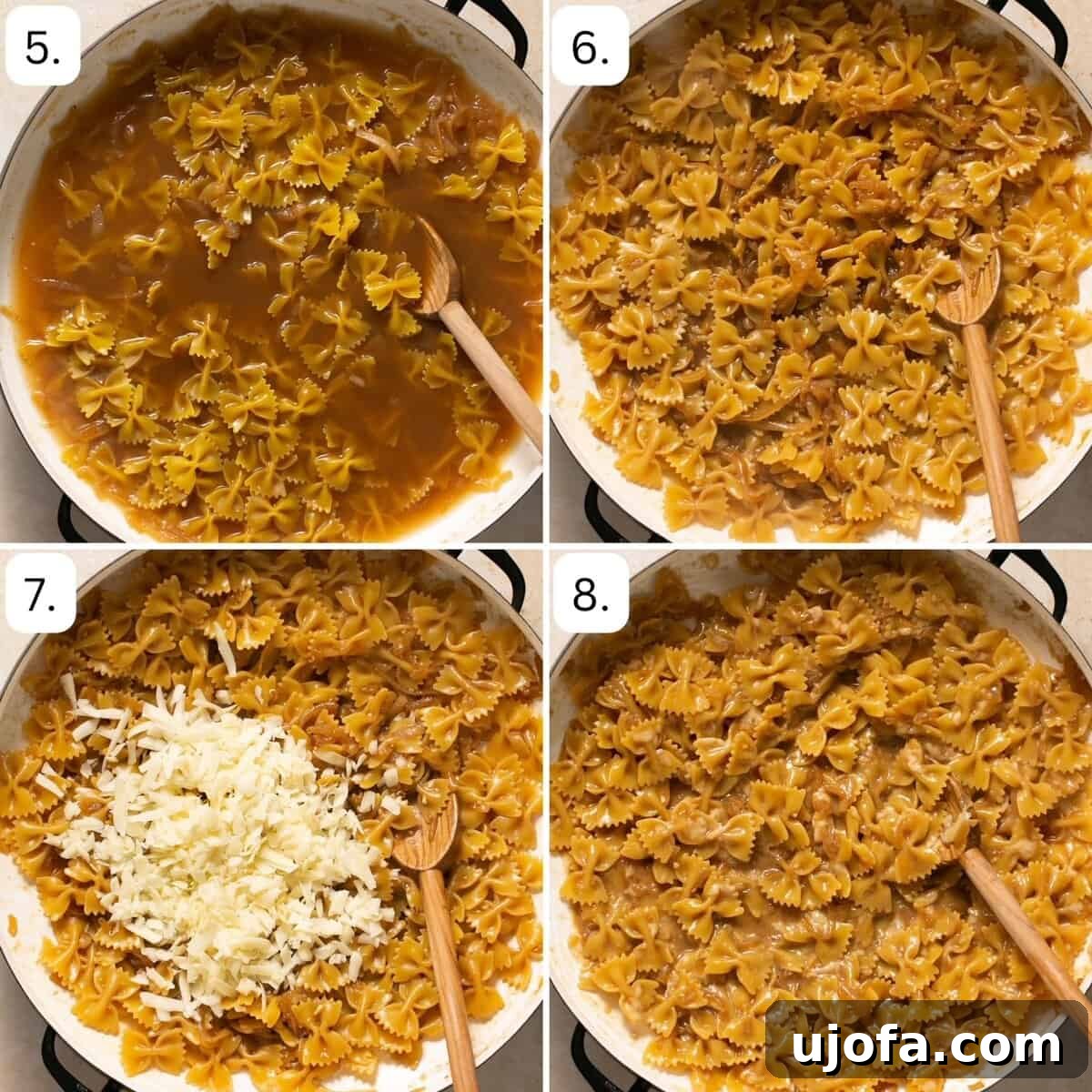 TikTok's Must-Try Gluten-Free French Onion Pasta 5 Numbered step-by-step photos showing the addition of broth and pasta to the caramelized onions, cooking in one pot.