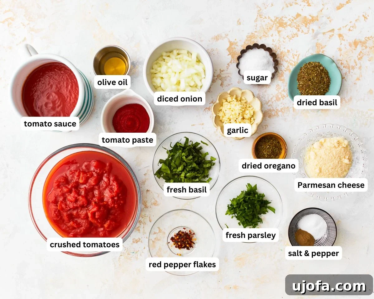 A flat lay photograph showcasing all the fresh and canned ingredients required for making gluten-free spaghetti sauce.